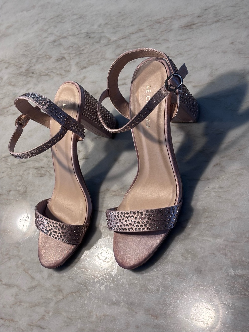 le chateau Pink Crystal Ankle-Strap 3.5” Block Heels
